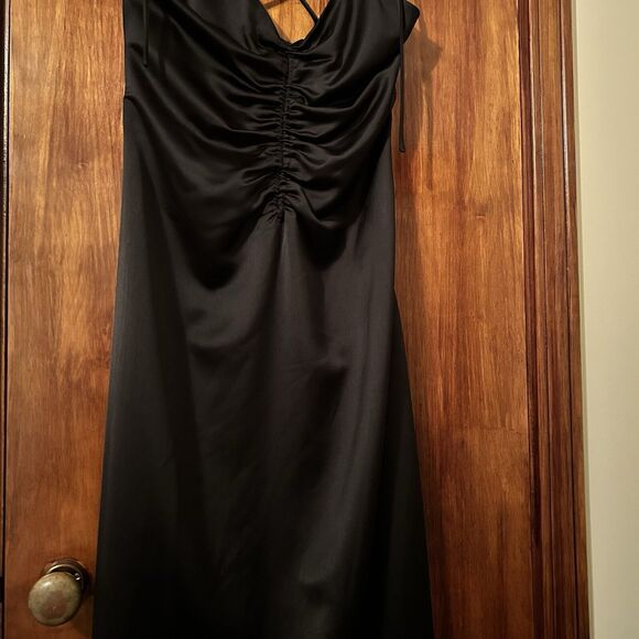 Jason Wu Dress Black Satin Midi Women's Small Ruched Silky Slip Strappy Back Tie - Picture 6 of 11
